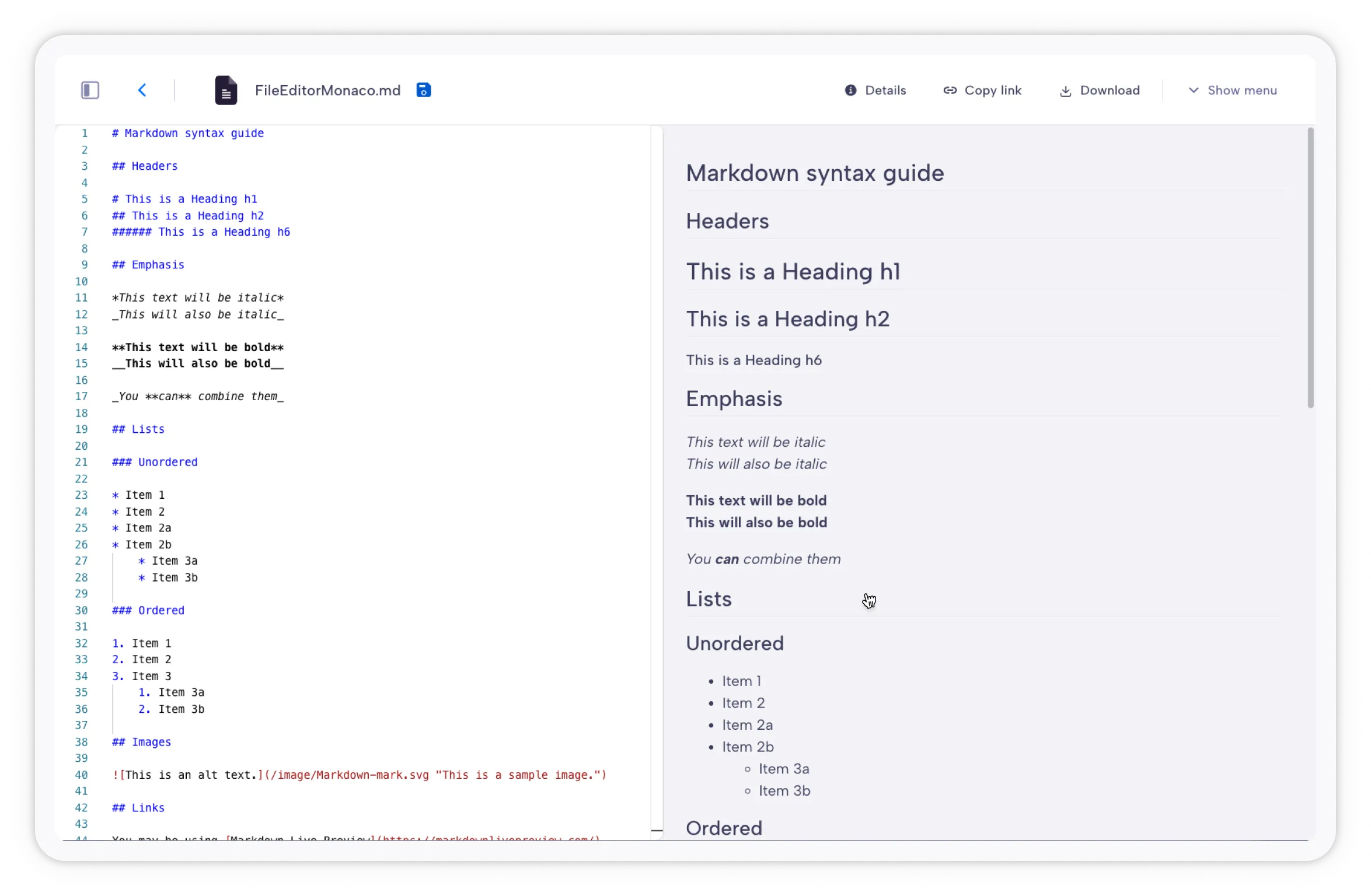 Text file opened in the new Monaco editor