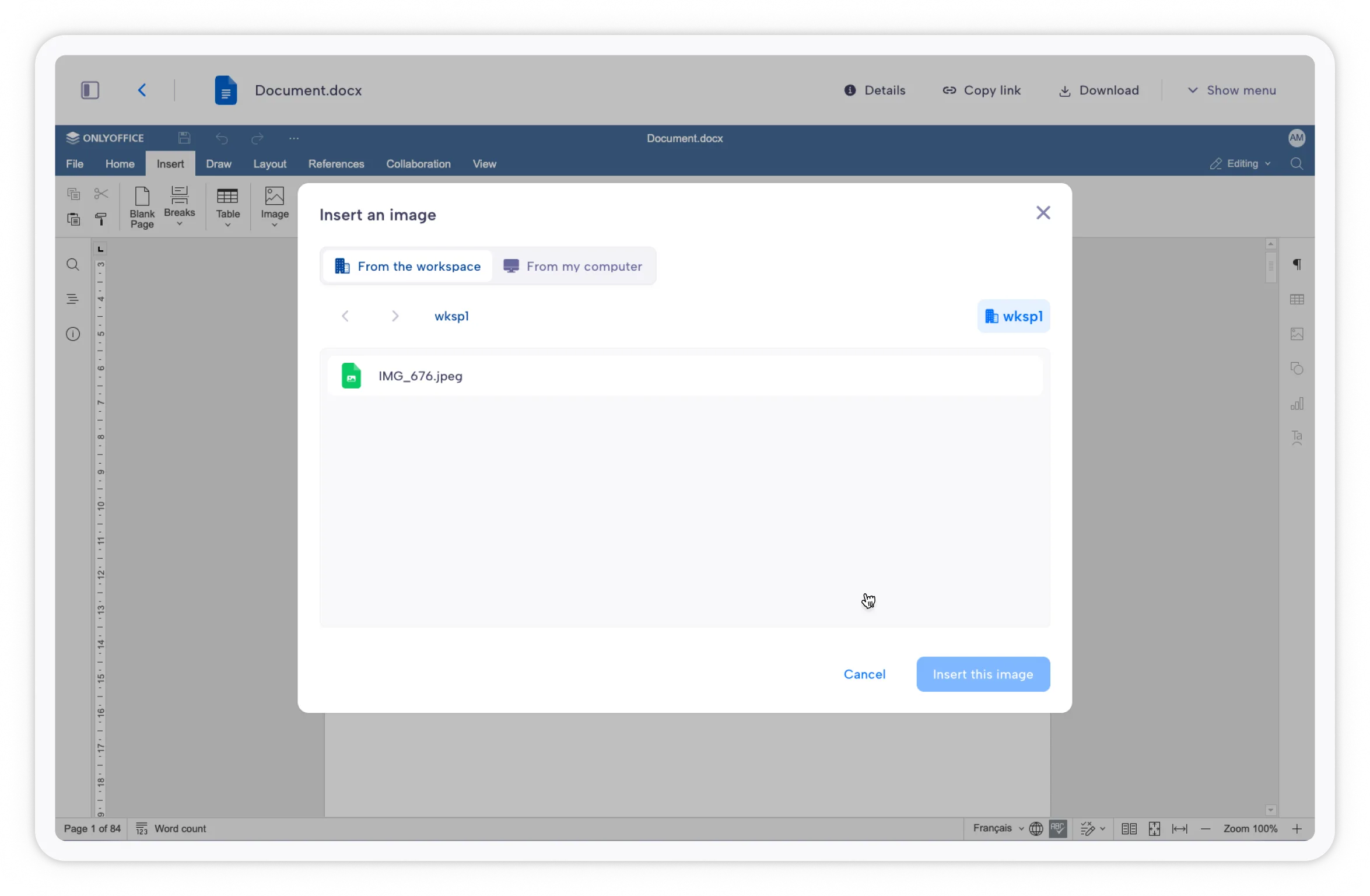Image selection modal with the “From workspace” and “From my PC” options
