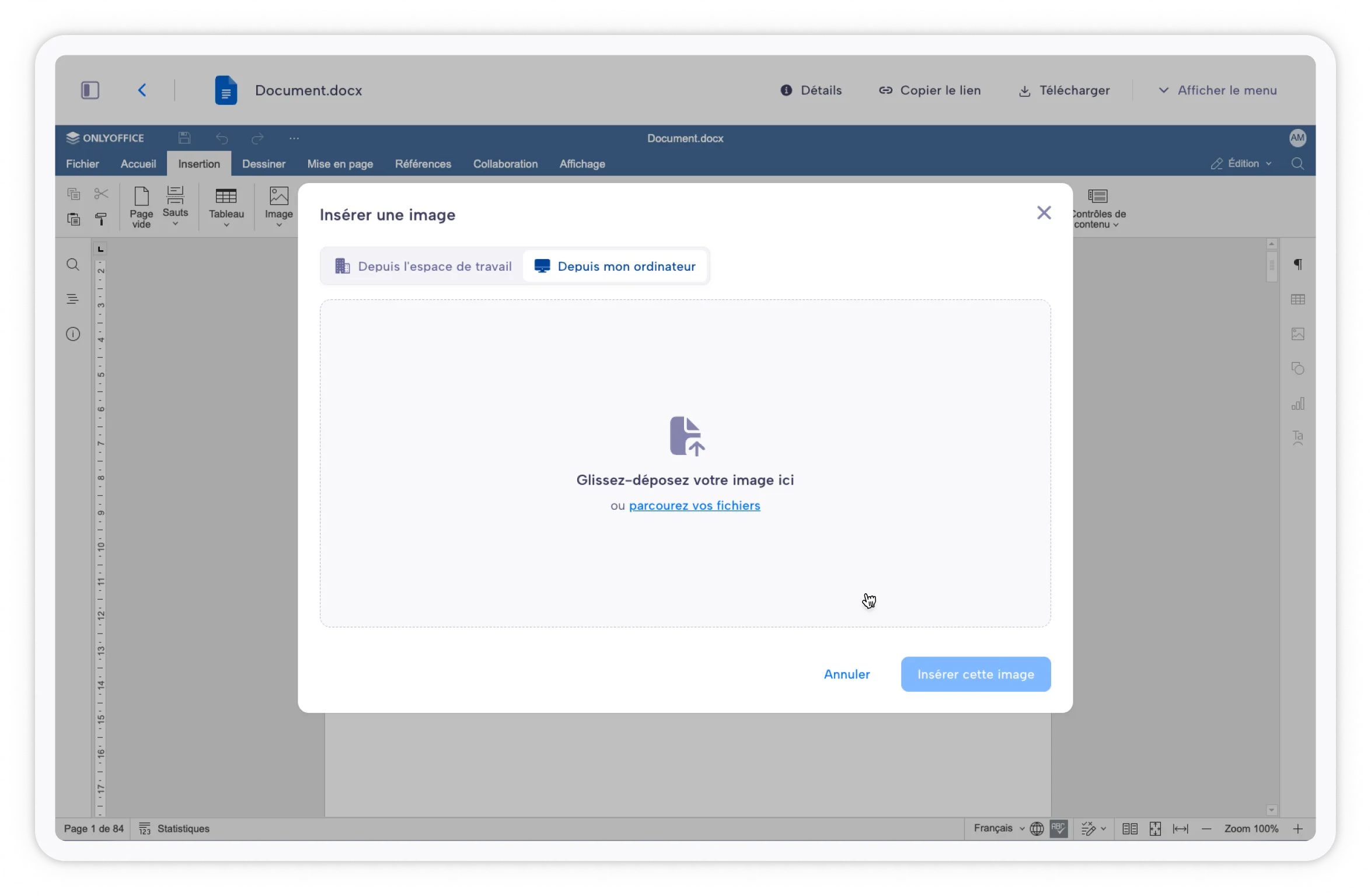 Fenêtre de sélection d'image avec les options « Depuis l'espace de travail » et « Depuis mon PC »
