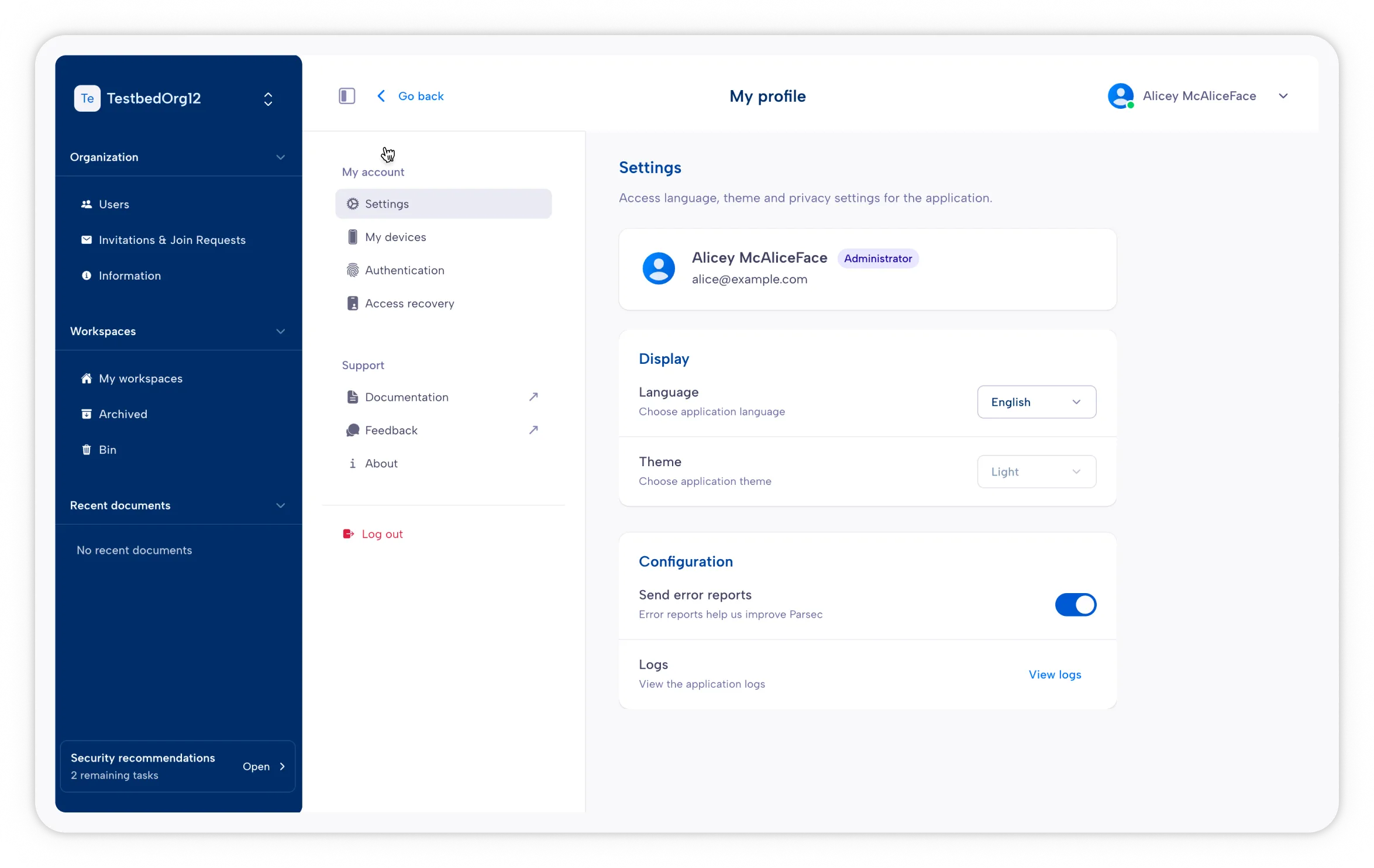 Settings page
